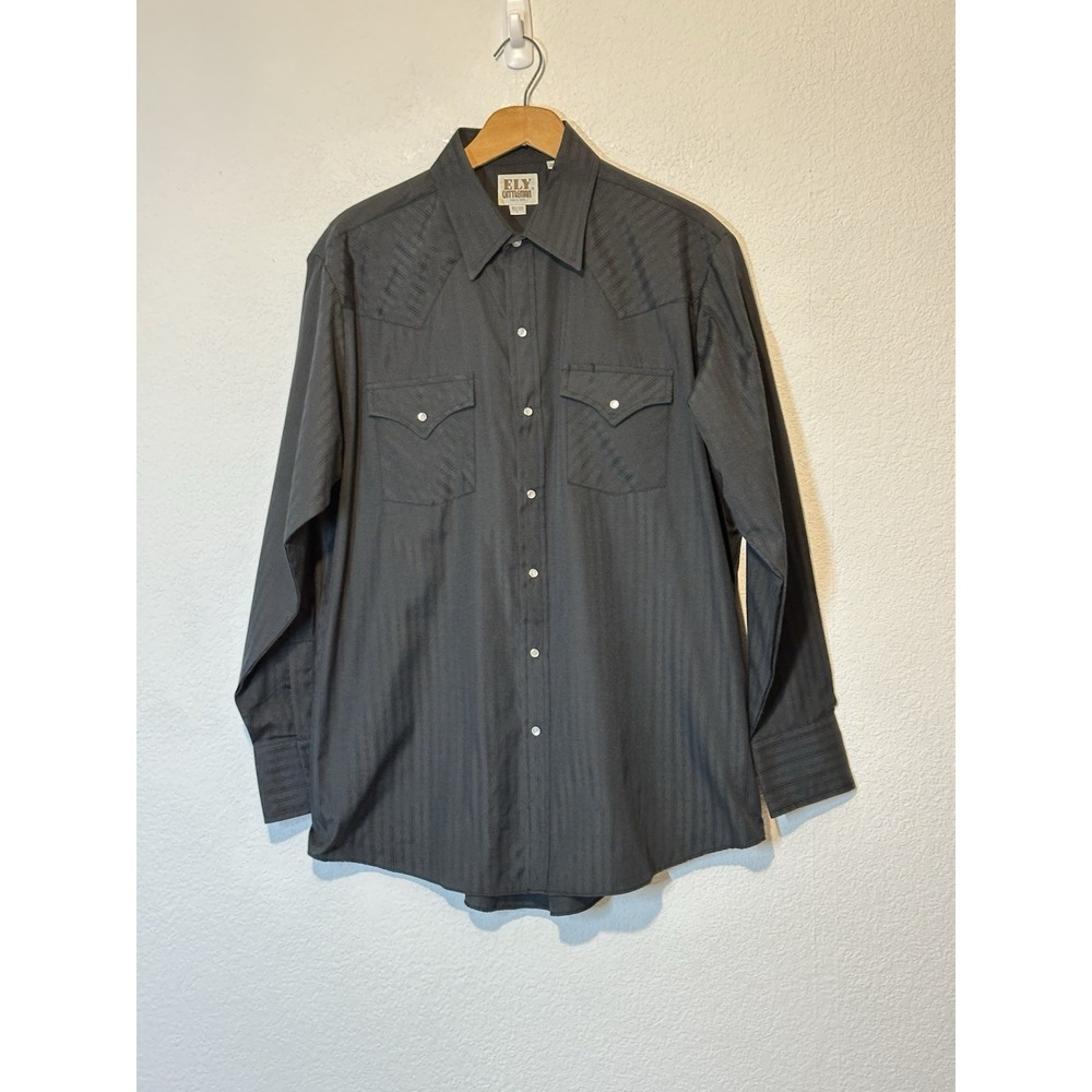 Ely Cattleman Mens Black Tonal Stripe Jacquard Western Snap Shirt Large 16.5x34